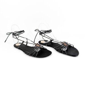 Saint Laurent Babylone YSL Black Ankle Tie Flat Thong Sandals Size 38 US 8